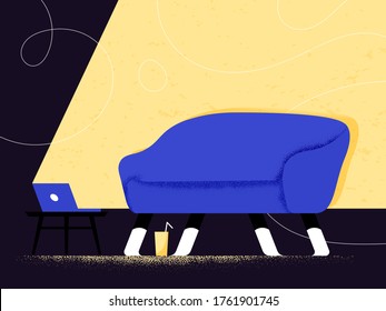 Blue sofa in warm light from the notebook broadcasting movie or video as passive rest and weekend chill concept. Freedom from society rules staying home. Comfort and confidence. Calming atmosphere.