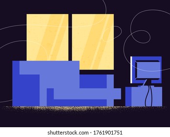 Blue sofa in warm light from the TV broadcasting movie as passive rest and weekend chill concept. Freedom from society rules staying home. Calming atmosphere. Interiors and furniture.