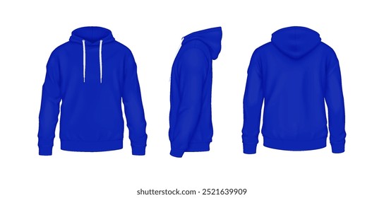 Sudaderas suaves azules con capucha con diseño de maqueta conjunto de Ilustración vectorial realista. Equipo deportivo del color de la mostaza con los modelos 3D de la Plantilla del logotipo en el fondo blanco