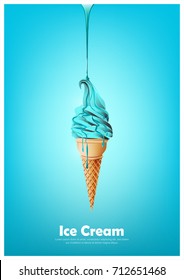 Blue soft ice cream cone, Pour melted blue syrup, peppermint flavor, Vector illustration