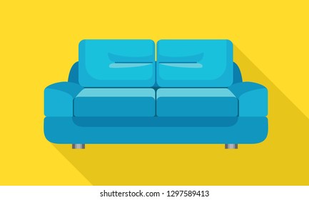 Blue soft sofa icon. Flat illustration of blue soft sofa vector icon for web design