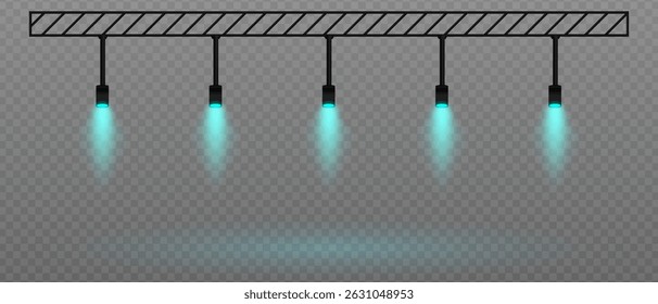 Foco suave azul. Luces de techo rectas con brillo blanco difuso. Ideal para Galerías, interiores minimalistas y configuraciones de exposición sobre fondo transparente.
