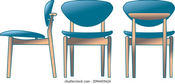 Blue soft wooden chair. Three types: front, back, side. Vector color illustration.