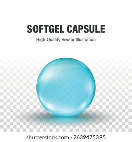 Blue Softgel Round Capsule, Vector 3d Illustration. Glossy Gel Pill, Dietary Supplements, Vitamins, Omega-3, Probiotics, Nutritional Health. Pharmaceutical Medicine, Gelatin Capsule Design Template