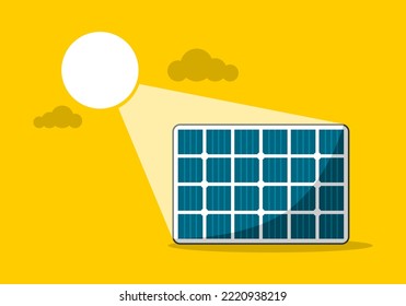 Blue solar cell or solar panel grid module with sun energy power generate electricity environmentally friendly clean energy on yellow background flat vector icon design.