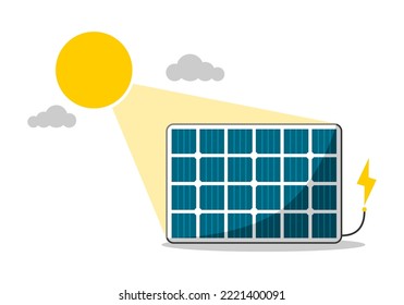 Blaues Solarmodul oder Solarpaneelnetzmodul mit Sonnenenergie erzeugt Strom umweltfreundlich saubere Energie auf weißem Hintergrund, flaches Vektorsymbol-Design.