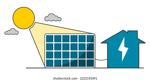 Blue solar cell or solar panel grid module with sun energy power generate electricity to building home environmentally friendly clean energy on white background flat vector icon design.