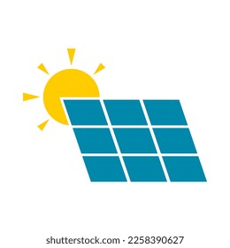 Blue solar cell or solar panel grid module yellow sun energy power environmentally friendly clean energy flat vector icon design.