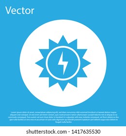 Blue Solar energy panel icon isolated on blue background. Sun with lightning symbol. White circle button. Vector Illustration