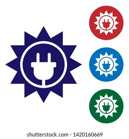 Blue Solar energy panel icon isolated on white background. Sun and electric plug. Set color icon in circle buttons. Vector Illustration