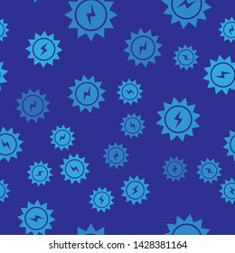 Blue Solar energy panel icon isolated seamless pattern on blue background. Sun with lightning symbol. Vector Illustration