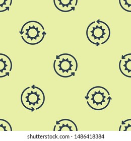 Blue Solar energy panel icon isolated seamless pattern on yellow background. Sun with lightning symbol.  Vector Illustration
