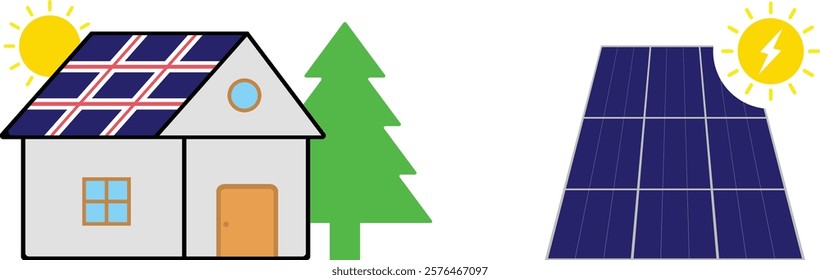Blue Solar panel green electric energy icon. Rooftop Solar panel illustration on white background. Solar Panel Icons - Vector