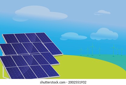 Blue solar panels on a green field. Picture of a solar battery in a green field with windmills on the background. flat concept of renewable solar energy