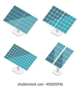 Blue Solar Panels set. Flat isometric. Modern Alternative Eco Green Energy. Vector illustration.