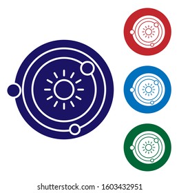 Blue Solar system icon isolated on white background. The planets revolve around the star. Set color icons in circle buttons. Vector Illustration