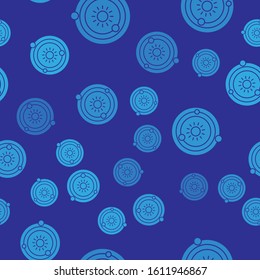 Blue Solar system icon isolated seamless pattern on blue background. The planets revolve around the star.  Vector Illustration