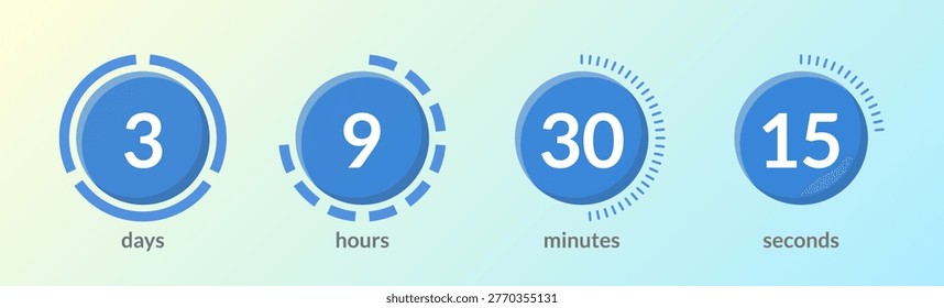 Blue solid virtual circular countdown timer set. Radial dots. Circle progress bars isolated. Progress indicators for light theme. Modern UI style. Time tracking collection. Timekeeping interface