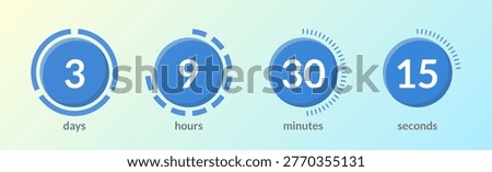 Blue solid virtual circular countdown timer set. Radial dots. Circle progress bars isolated. Progress indicators for light theme. Modern UI style. Time tracking collection. Timekeeping interface