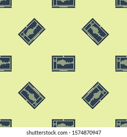 Blue Sound or audio recorder or editor software on laptop icon isolated seamless pattern on yellow background.  Vector Illustration
