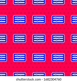 Blue Sound mixer controller icon isolated seamless pattern on red background. Dj equipment slider buttons. Mixing console.  Vector Illustration