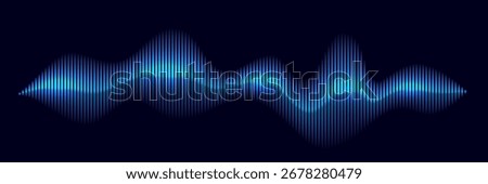 Blue sound wave with glowing vertical bars on dark background. Abstract music waveform in neon gradient style for audio visualizer, equalizer, or DJ interface. Futuristic vector illustration.