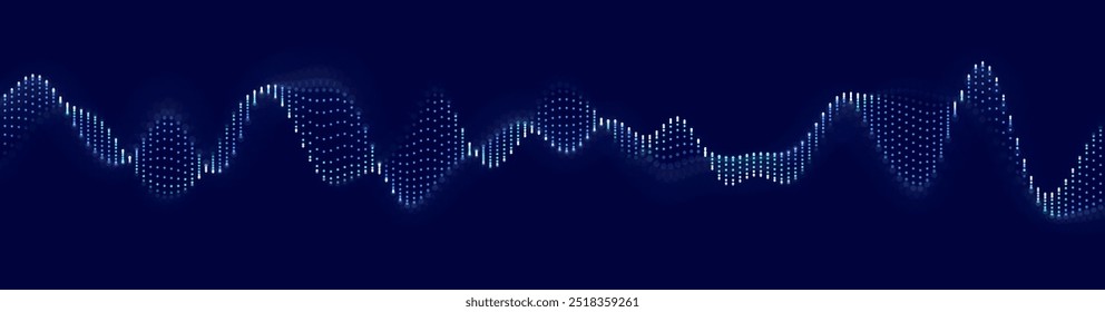 Blaue Klangwellenpartikel. Visualisierung von Musikdaten. Dynamische Kreise Punkte Partikel ultrabreiten Party-Hintergrund. Vektorgrafik. Digital Sound Equalizer.