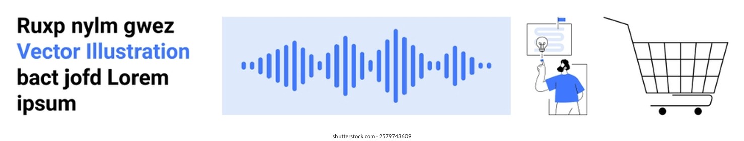 Blue soundwave in center, man with a loudspeaker on right, and a shopping cart. Ideal for marketing, communication, ecommerce, advertising, and technology. Banner for landing page