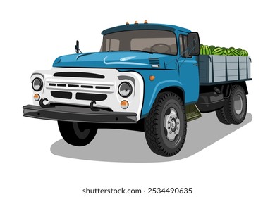 Blue soviet truck from 70s loaded with watermelons, half-side view