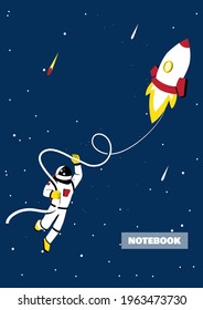 Blue space background with copy space for text. Astronomy notebook cover Design with astronaut riding rocket in outer space. Cartoon vector illustration.
