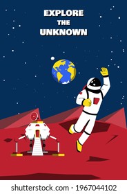 Blue space background with copy space for text. Astronomy Template Design with astronaut floating in low gravity on Mars. Cartoon vector illustration.