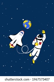 Blue space background with copy space for text. Astronomy Template Design with planet Earth, stars in outer space and floating astronaut near shuttle. Cartoon vector illustration.