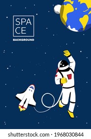 Blue Space background with copy space for text. Astronomy Template Design with planets earth, stars in outer space and floating astronaut. Cartoon vector illustration.