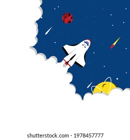Blue Space background with copy space for text. Astronomy Template Design with flying in space shuttle or spacecraft leaving white smoke trail. Cartoon vector illustration.