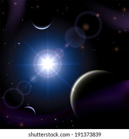 Blue space background with planet and shining sun, illustration.