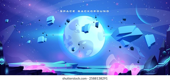 Blue space background with planet surface. Vector cartoon illustration of night sky with stars, asteroids and stones flying in air, alien desert with pink neon light in craters, cosmos exploration