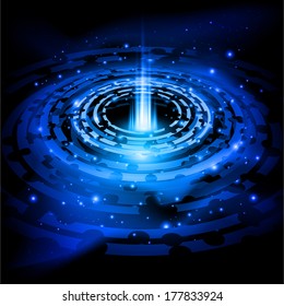 Blue space background of Saturn rings with flow of light in centre