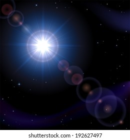 Blue space background with stars and shining sun, illustration.