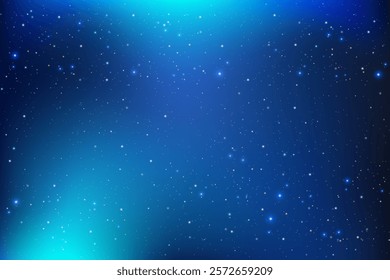 Blue space background with stars and sparkles. Vector night dark gradient universe. Winter cosmic dreamy backdrop. Dreamy abstract wallpaper