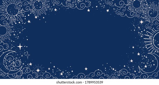 Blue space background with sun, moon and stars with place for text. Magic banner with copy space. Blank for astrology, fortune telling, boho parties. Vector illustration.