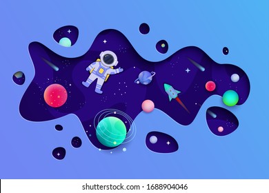 Blue space banner with 3D liquid fluid shape cut out and planet and star shapes coming out of it - cartoon astronaut floating through galaxy and waving - vector illustration.