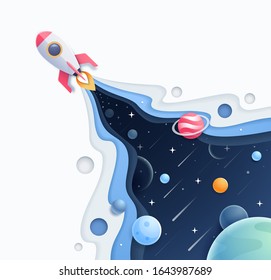 Blue space galaxy with cartoon rocket leaving white trail paper cut style vector illustration.
