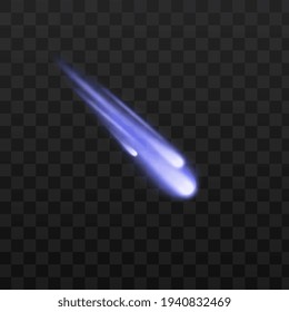 Blue space meteors, comets, meteorites or asteroids with light plume on dark sky