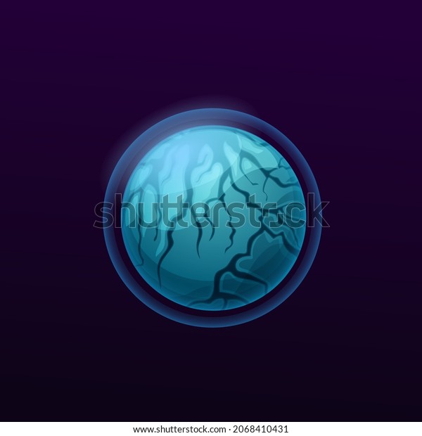 Blue space planet with atmosphere game UI icon.\
Alien galaxy system planet, cartoon vector fantasy world or\
exoplanet moon with protective force field sphere, ozone layer and\
cracks on ice surface
