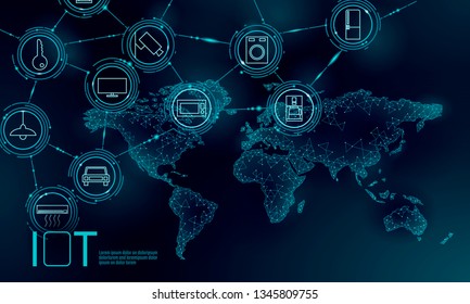 Blue space planet Earth internet of things icon innovation technology concept. Wireless communication network IOT ICT. Intelligent system automation modern AI computer online vector illustration