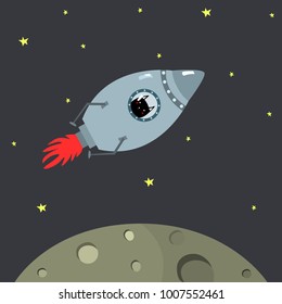 Blue space ship with cute cat on grey background with big moon and stars doodle style vector illustration