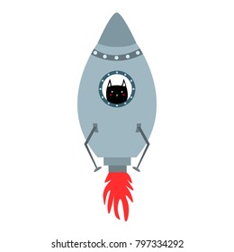 Blue space ship with cute cat doodle style vector illustration