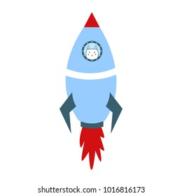 Blue space ship with cute white cat doodle style with red fire on white background vector illustration