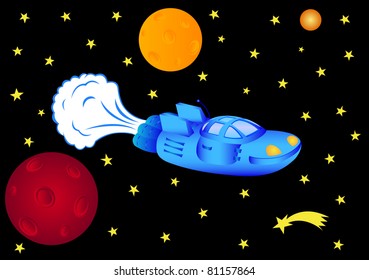 The blue space ship in outer space, vector illustration