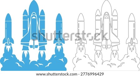 Blue space shuttle launch with smoke plumes and outline